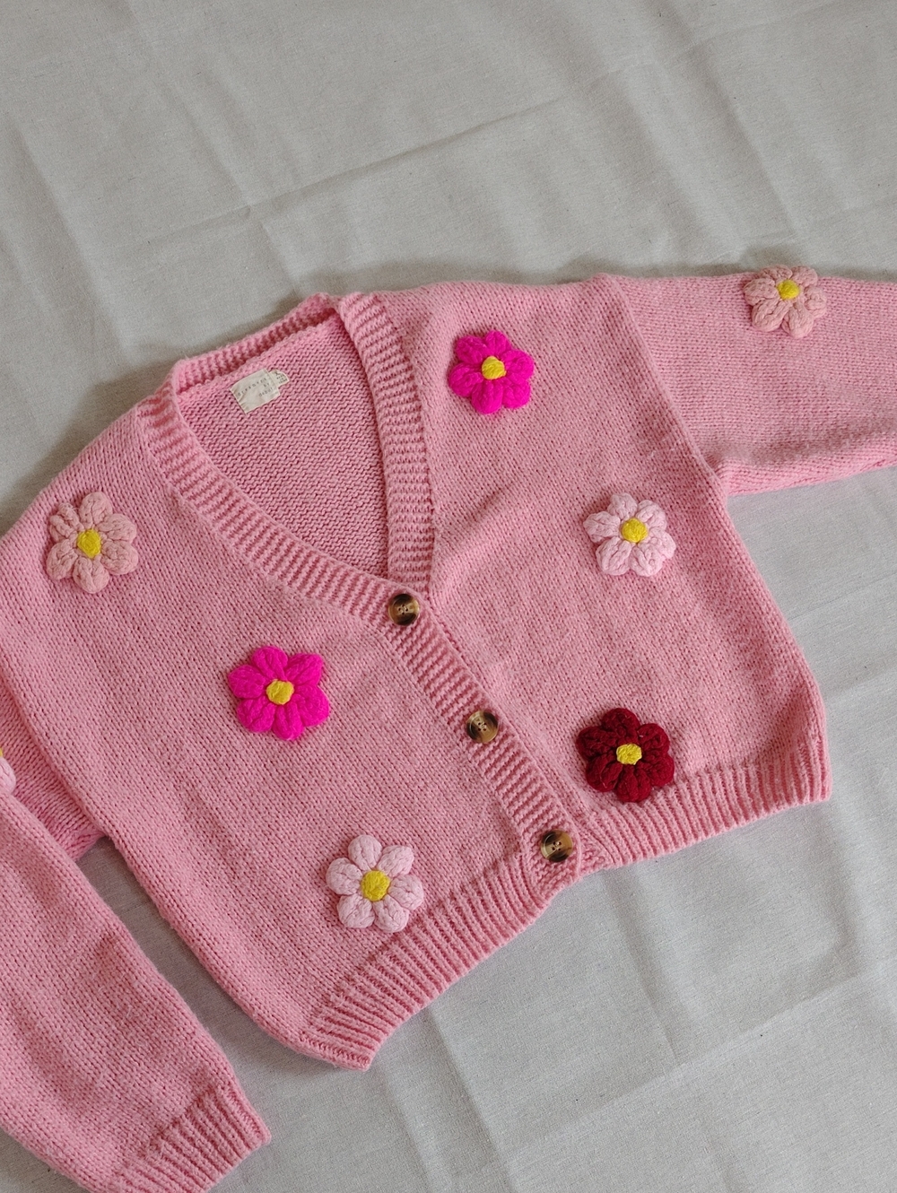 Dreamers Pink Knit Cardigan with Multicolor Flower Appliqués